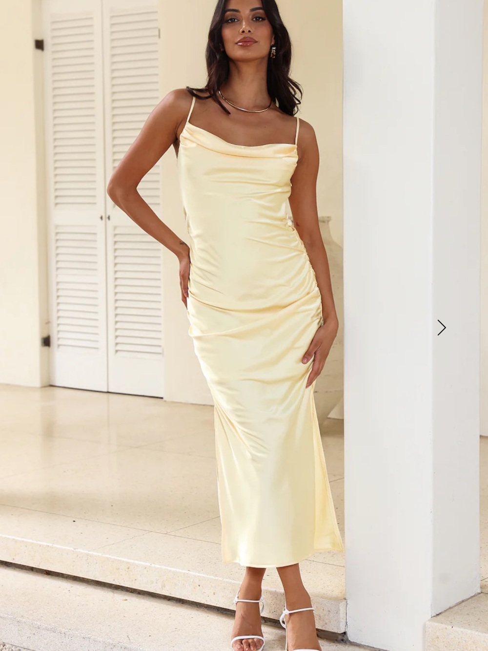 Hello Molly Satin Cowl Neck Midi Dress in Pale Yellow